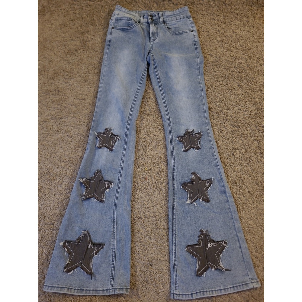 Hot Topic Light Wash Star Patch Flare Denim Pants Size 3 Low Rise Y2K